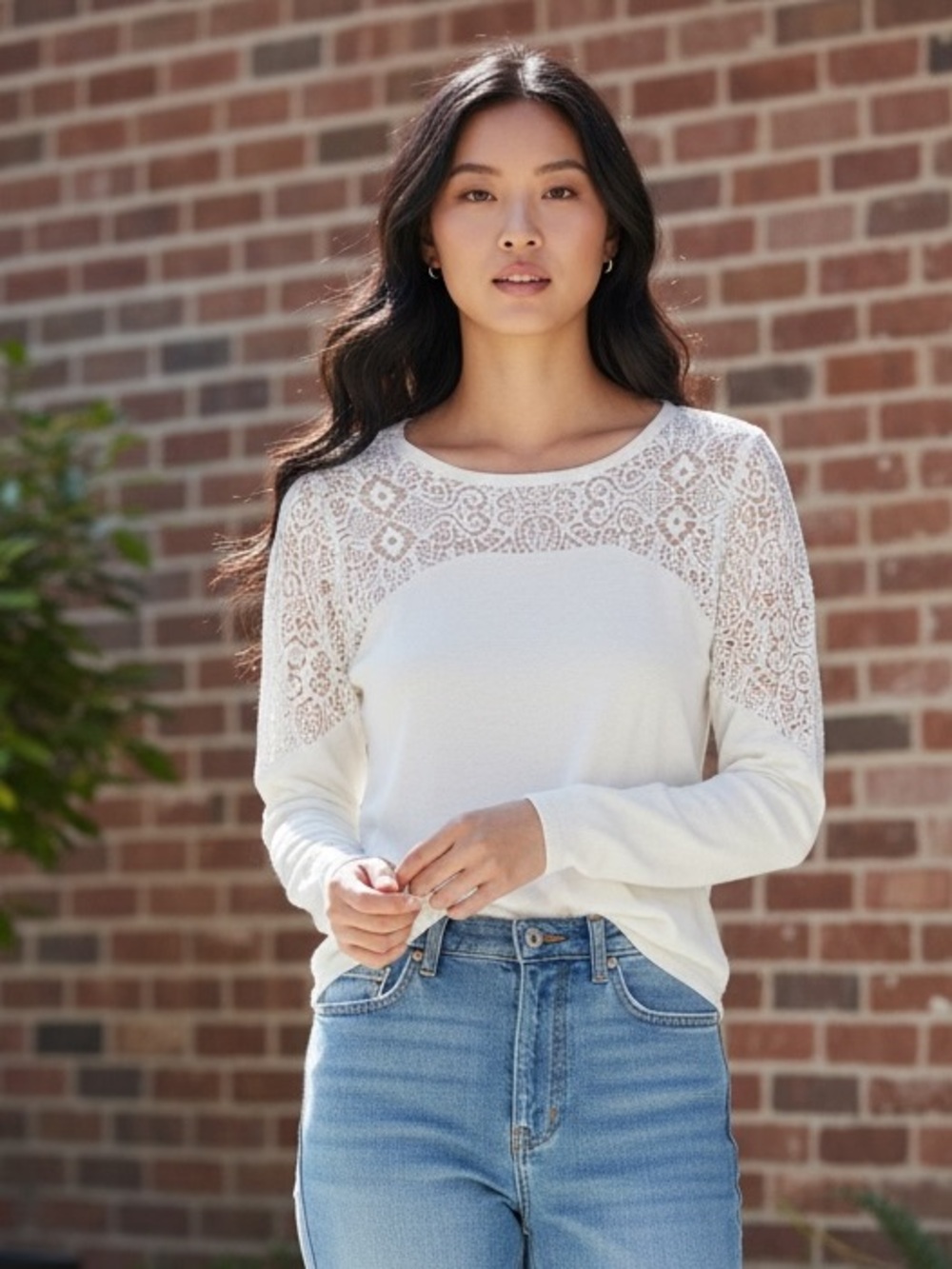 Anthropologie Knitted & Knotted Cream Lace Yoke Scoop Neck Sweater